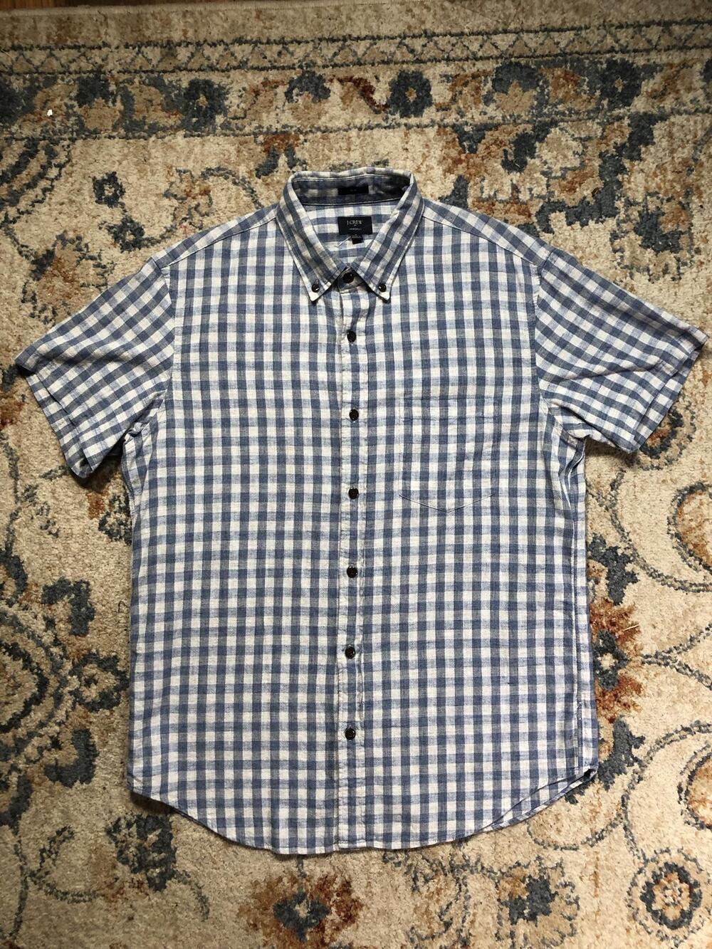 J Crew Shirt Mens M Blue Check Short Sleeve Button Down Slim Cotton Casual